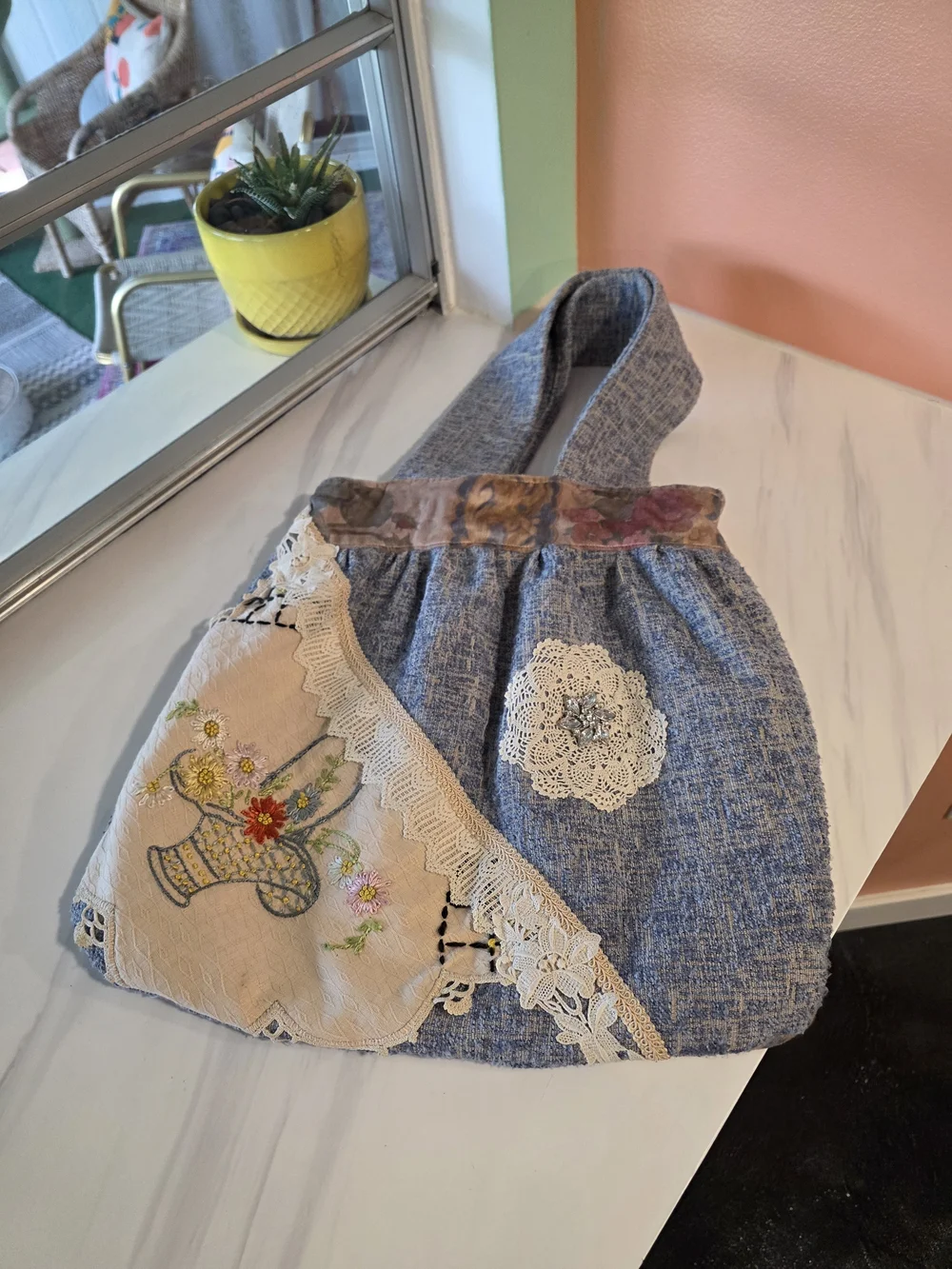 Handmade Patchwork Boho Embroidered Tote Shoulder Bag - Blue Cottagecore